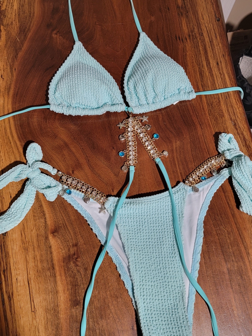 Light Blue Textured Fairycore New Triangle Bikini with Decorative Chain